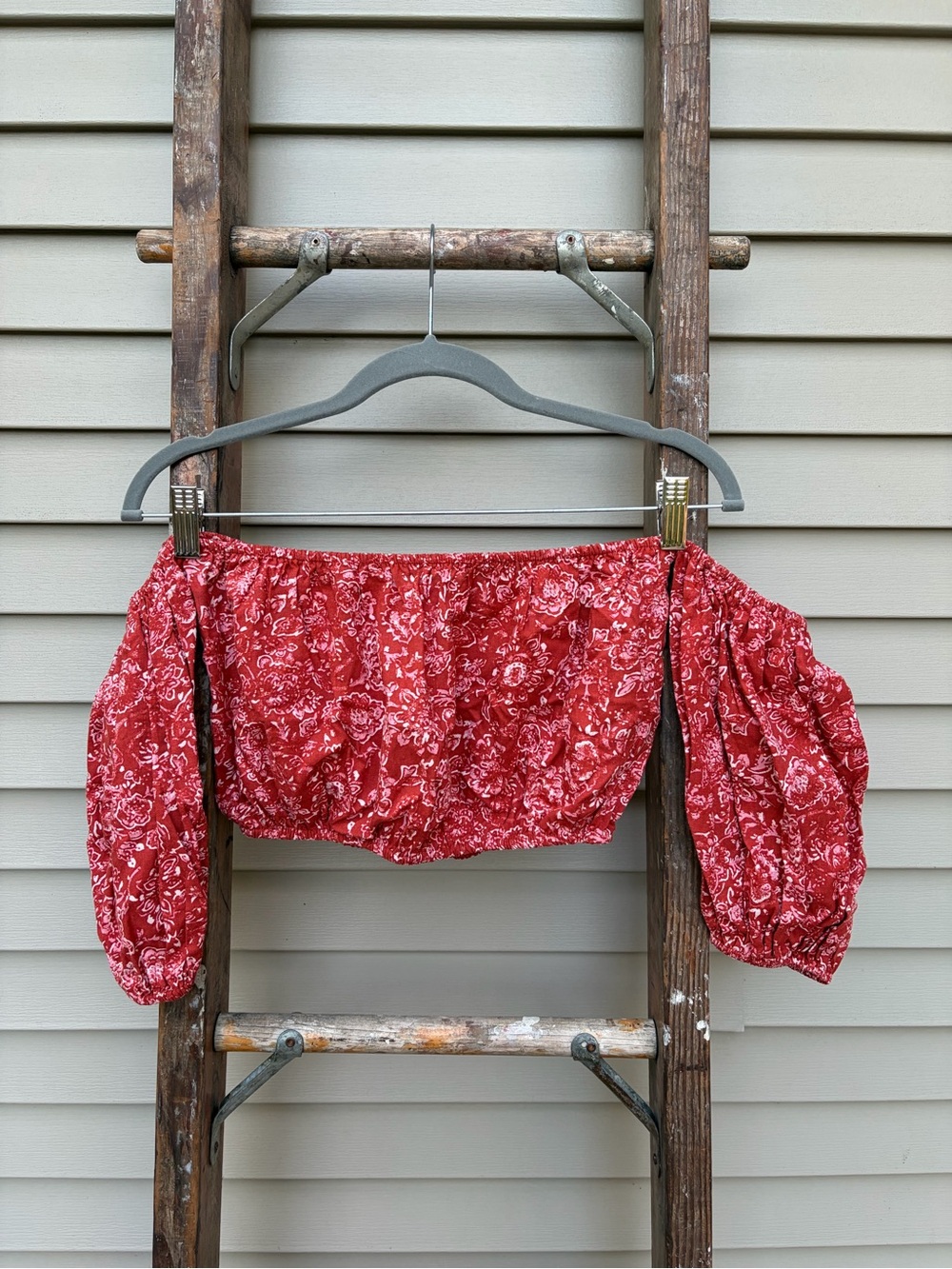 Forever 21 Red Paisley Off-Shoulder puffy Crop Top